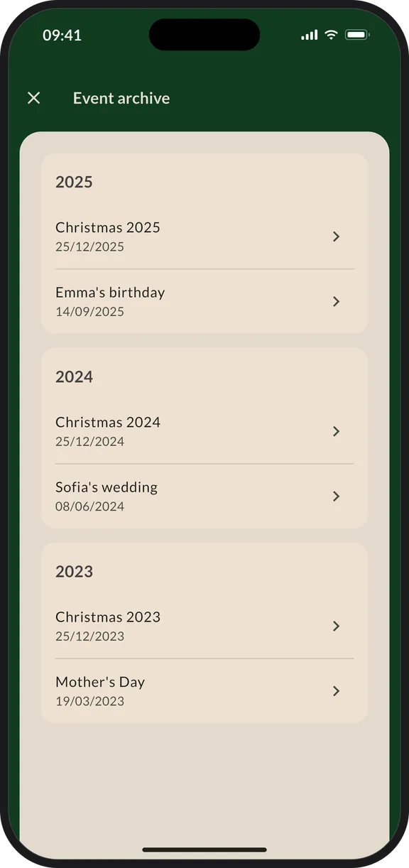 The GiftTracker app showing its event archive with past birthday and Christmas events.
