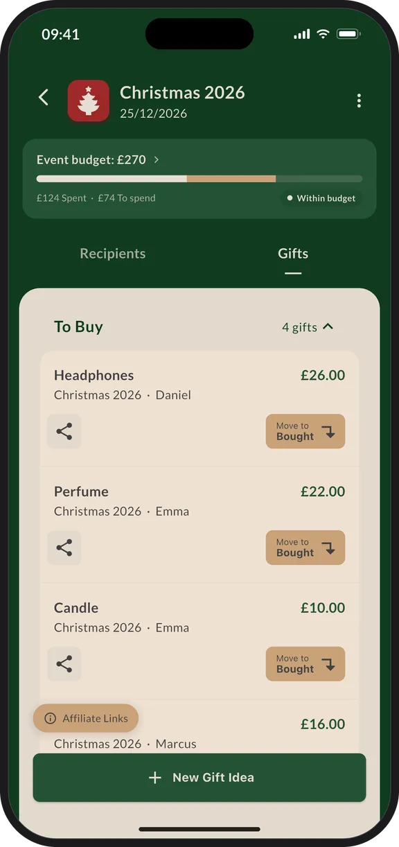 The GiftTracker app showing a Christmas event's budget and gifts organised by status.
