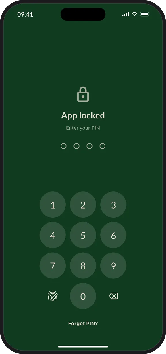 The GiftTracker app locked, offering a PIN pad or a fingerprint before the gift lists can be opened.