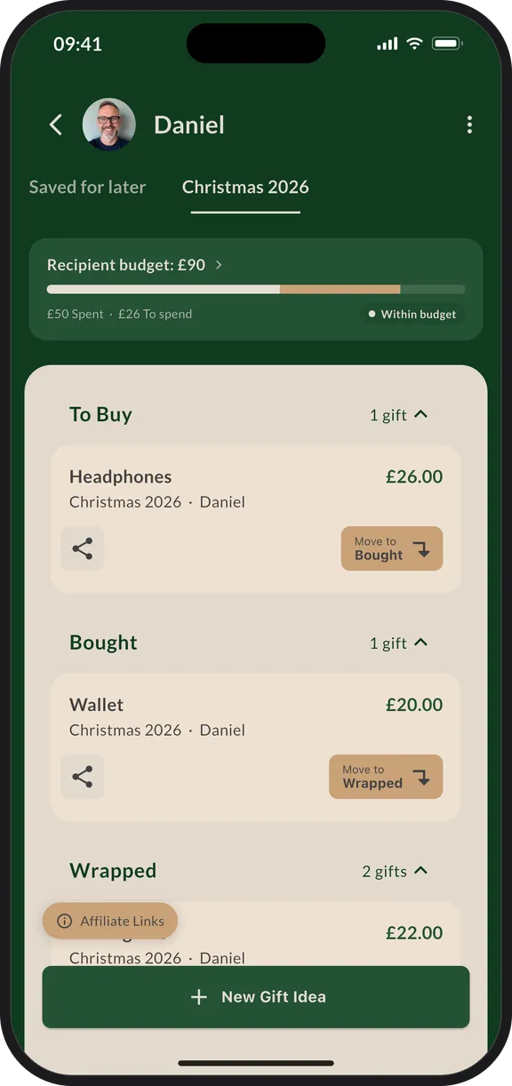 The GiftTracker app showing one person's Christmas gifts grouped under To Buy, Bought and Wrapped, with their budget and what is left to spend above.