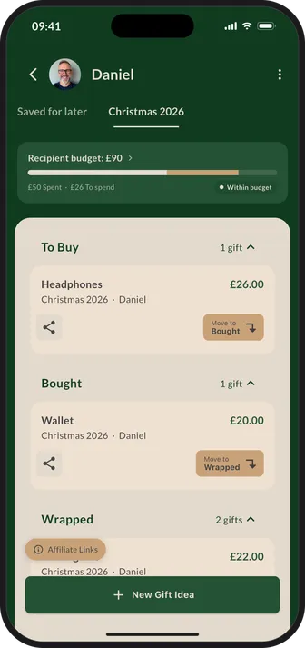 The GiftTracker app showing one person's Christmas gifts grouped under To Buy, Bought and Wrapped, with their budget and what is left to spend above.